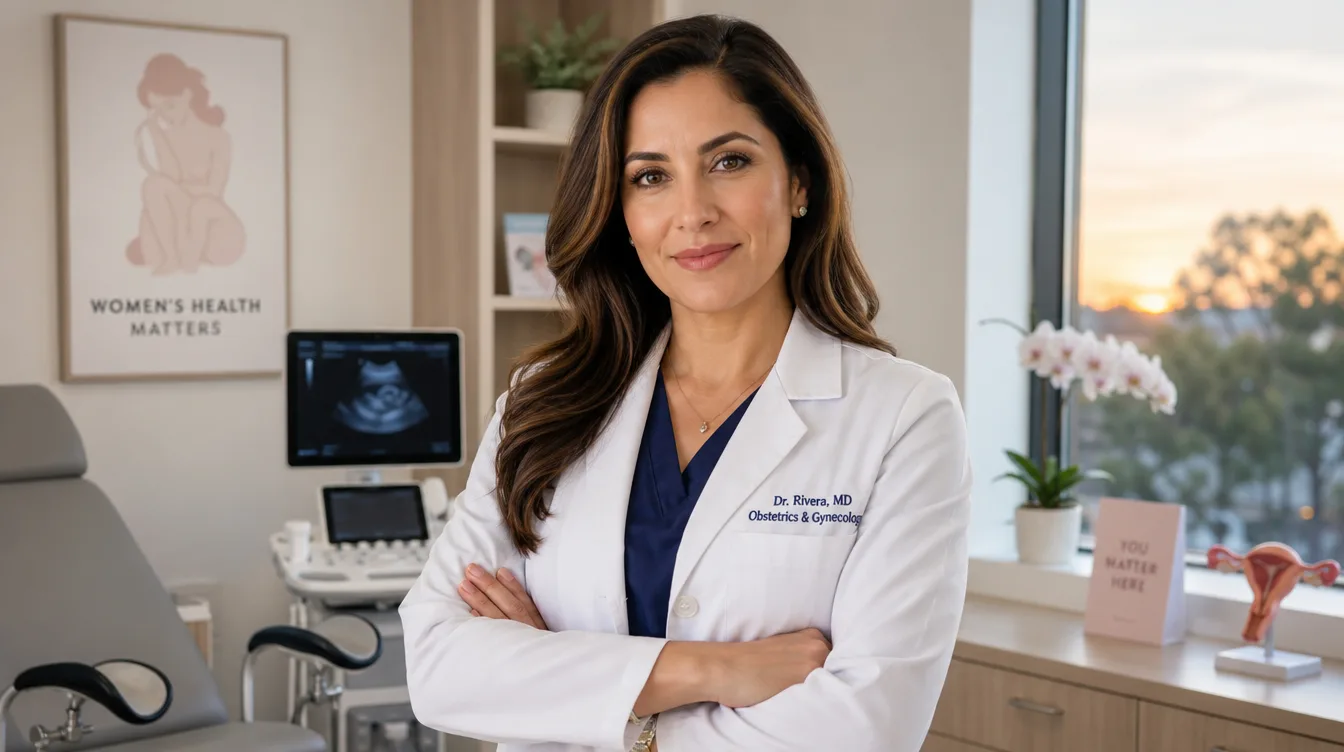 Ginecologista e obstetra em consultório moderno, postura profissional e acolhedora